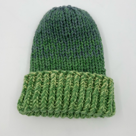 Green Ombré Hand Knit Beanie Handmade - Picture 2 of 5